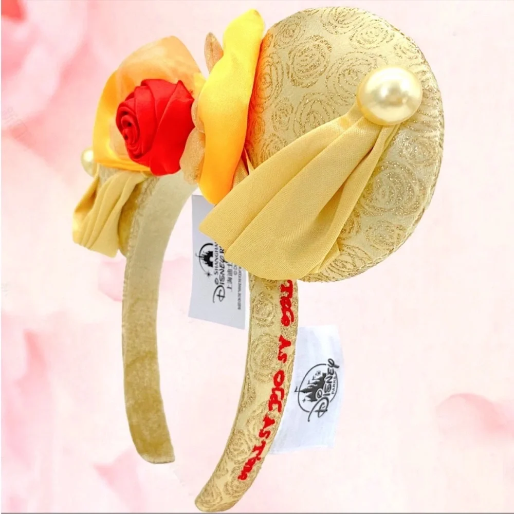 NWT DISNEY PARKS Belle Beauty & The Beast Gold Bow Rose Minnie Ears Headband